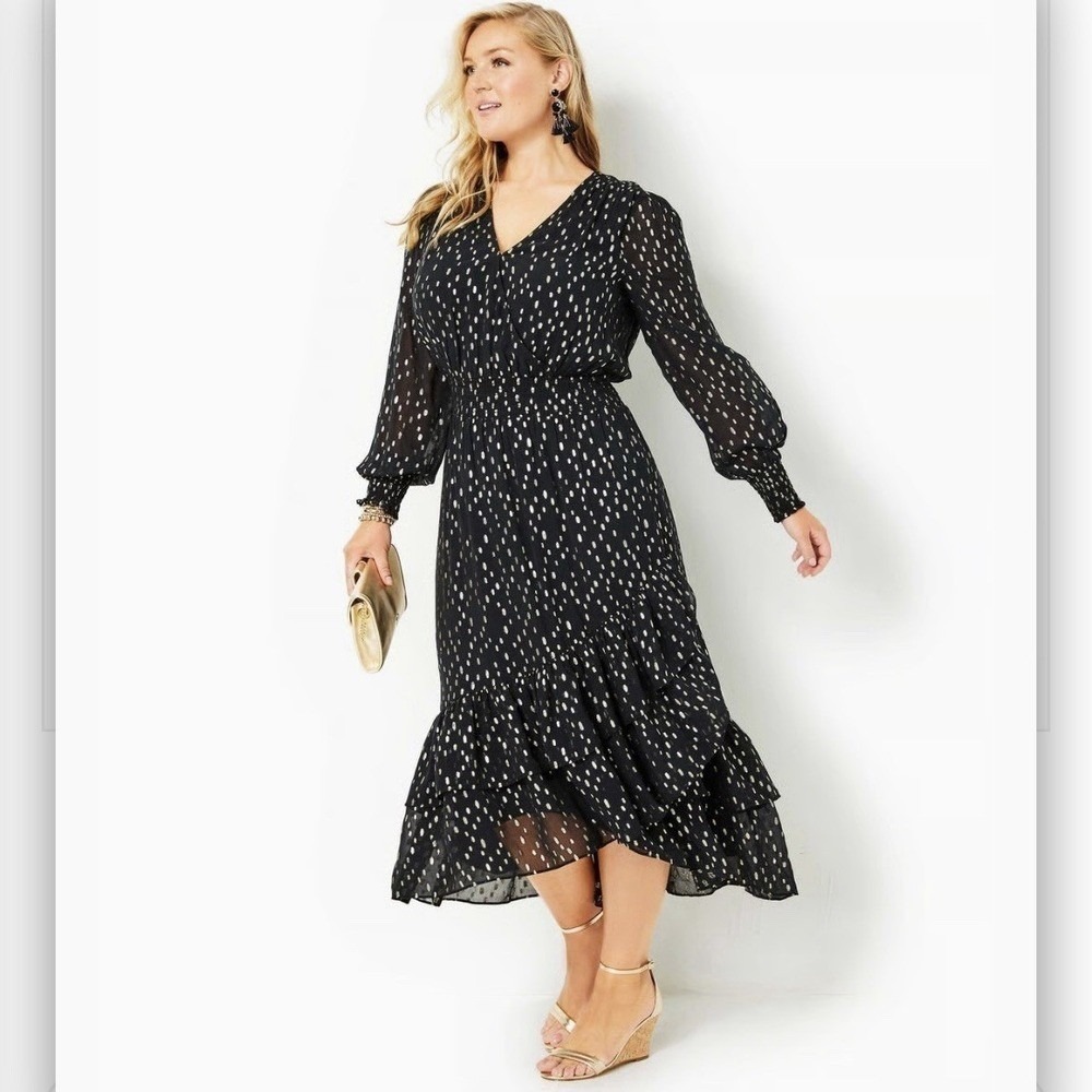 NEW Lilly Pulitzer Cristiana Midi Dress Womens 10 NWT $328 Romantic Black Tiered
